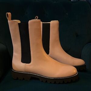 NIB J. Crew Jaden High Shaft Chelsea Lug Sole Tan and Black Heeled Boots